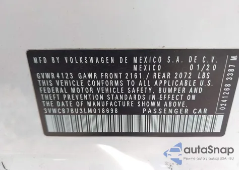 2020 Volkswagen Jetta 1.4T R-Line/1.4T S/1.4T Se z USA, uszkodzony, nr VIN 3VWCB7BU3LM018698